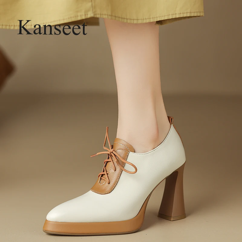 

Туфли-лодочки Kanseet женские из натуральной кожи, элегантные офисные туфли ручной работы с острым носком, высокий каблук, черные, осень 2023