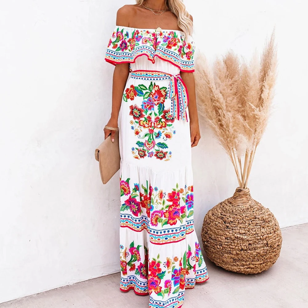 

Bohemian Long Dress for Women 2023 Summer Elegant Floral Skirt Loose Beach Sundress Female Cloth Holiday Maxi Dress Vestido Rob