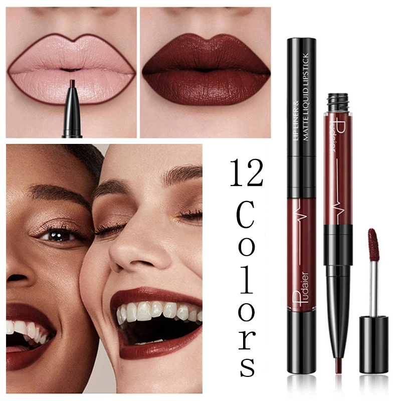 

Pudaier 1pc Double-end Matte Lipstick Lip Liner Gloss Long-lasting Waterproof Tattoo Paint Lip Tint Matt Stick Batom Lipgloss