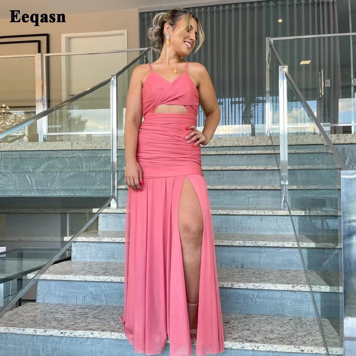 

Mermaid Chiffon Prom Dresses Watermelon Red Bodycon Sexy Cut-out Pleated Women Wear Evening Gowns Formal Wedding Party Dress