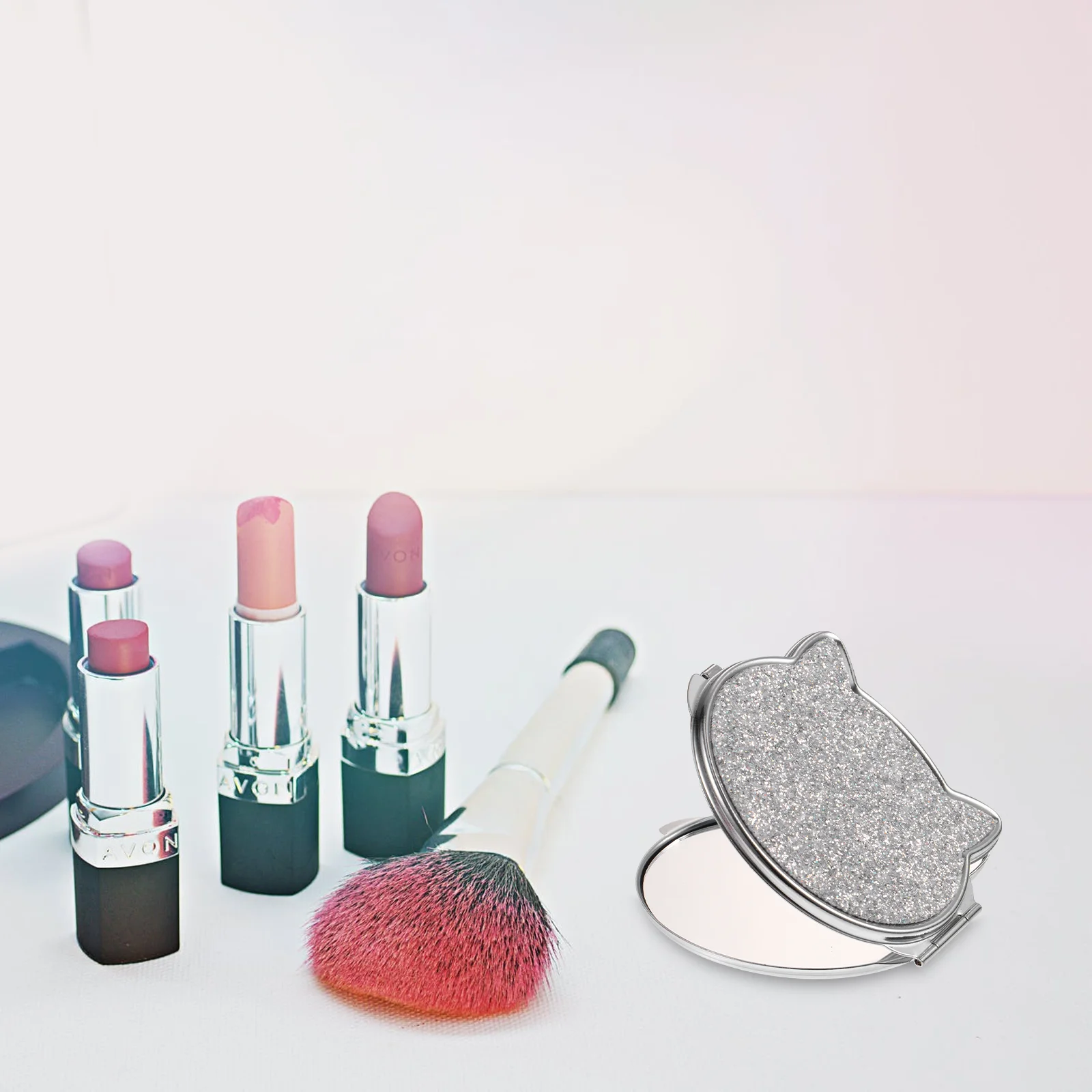 

Mirror Makeup Pocket Compact Folding Travel Metal Women Round Hand Purse Cat Portable Silver Mini Handbag Shape Vanity Foldable