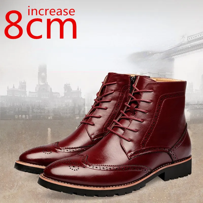

Inner Heightening Men Boots British Style Trend Brock Carved Leather Boots High-top Leather Shoes Increase 8cm Martin Boots Male