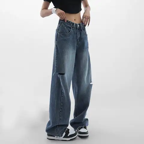 Women's Jeans Y2K High Waist Ripped Denim Trousers Blue High Street Straight Casual Baggy Pants Wide Leg Jeans Female Oversize