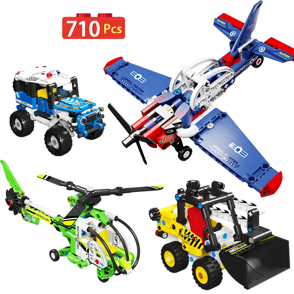 

710 Pcs City Police Car WW2 Aircraft Fighter Airplane Building Blocks Engineering Bulldozer Bricks Toys for Kids Gifts