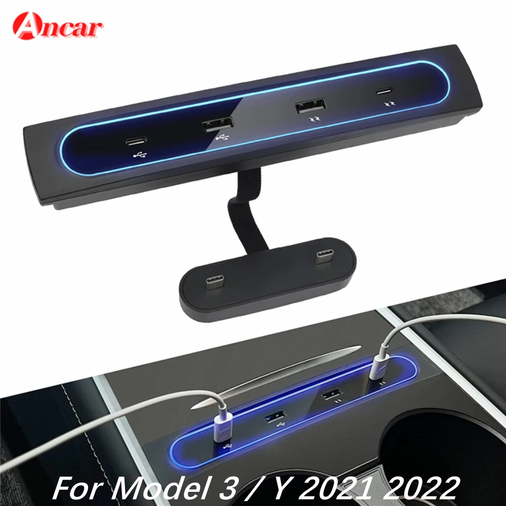 

For Tesla Tesla Model 3 Model Y 2021 2022 Hub Tesla Model 3 Y Accessories 4 in 1 USB LED Hub Docking Station Extender Charger