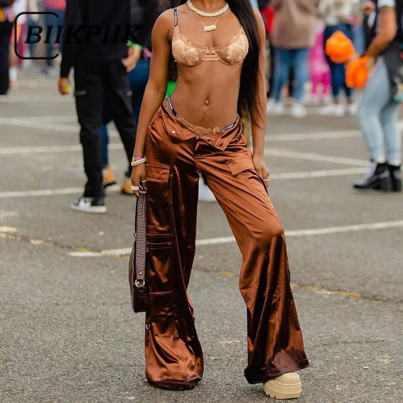

BIIKPIIK Satin Solid Loose Pants Pockets Fashion Loose Streetwear Women Pants Low Waist Baggy Trousers Hippie Grunge New Clothes