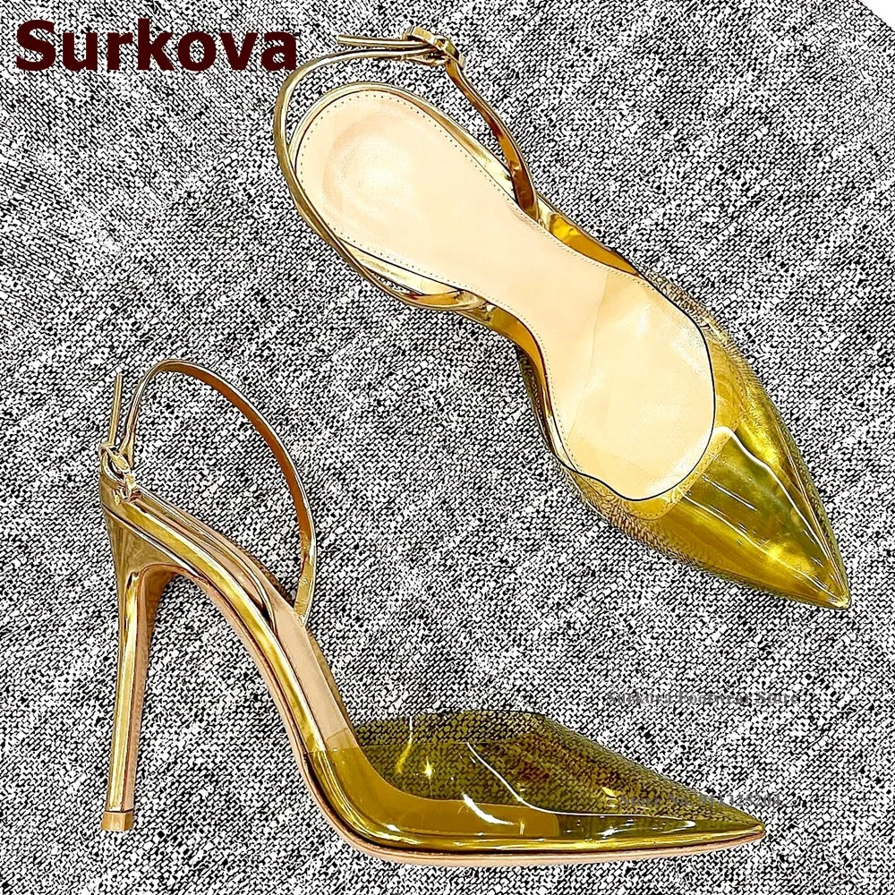 

Surkova Gold Clear PVC Pointed Toe Pumps Thin High Heel Slingback Strap Buckle Party Shoes Shallow Cut Gladiator Shoes Size46