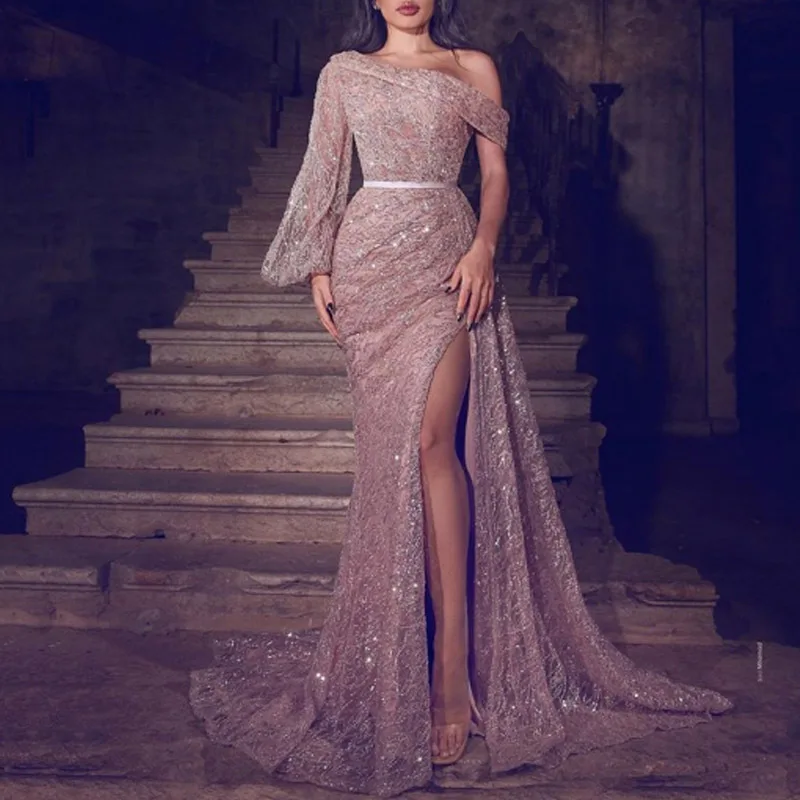 Luxury Floor Length Dresses For Women Wedding Party Clothes Split Strapless Sequins Long Evening Gowns Female Gold Summe
