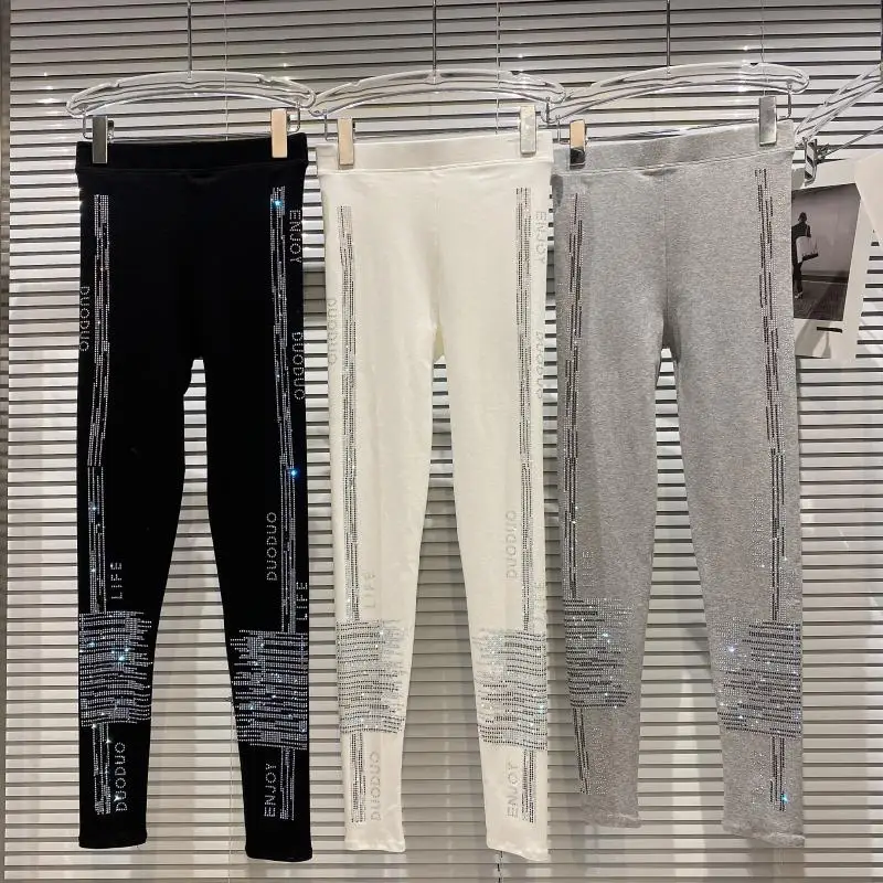 2022 New Spring Autumn Women Leggings Gradient Rhinestone Stretch Slim Bottoming Pants Ankle-length High Waist Black Legging