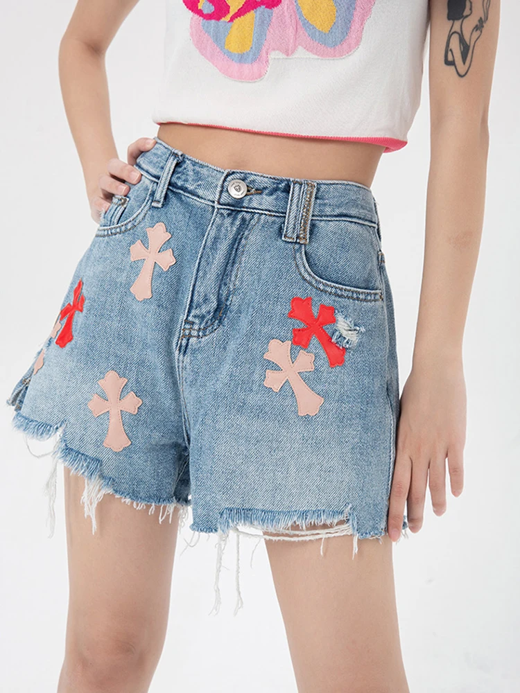 Женские джинсовые шорты с принтом модные рваные высокой талией в Корейском стиле