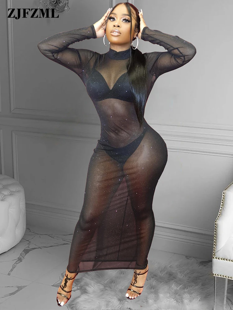 

Sexy Mesh Sheer See Through Backless Dress Summer Clothes Clubwear Party Outfits Fashion Long Sleeve Body-shaping Bodycon Robe