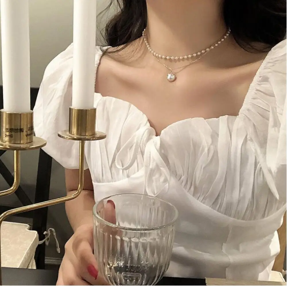 

Double Pearl Necklace Charm Collarbone Chain Fashion Senior Design Sense Collar For Female Girlfriend Valentine's Day Gift