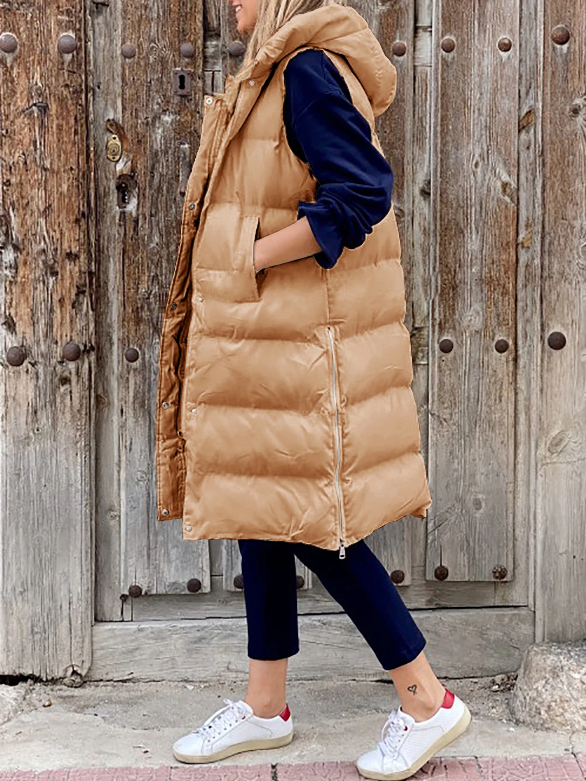 Puffer Jacket Women Sleeveless Vest Long Coat Female Outerwear Autumn Zip Up Cotton Padded Parka Quilted Waistcoat Hooded Coat