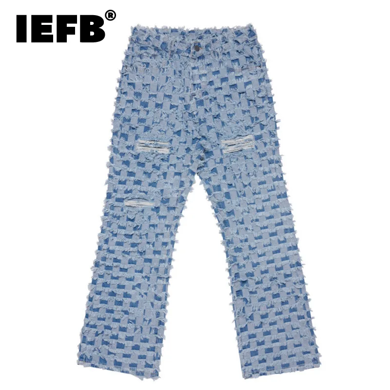 

IEFB Men Chessboard Lattice Hole Burr Jeans High Street Fashion Straight Denim Trousers 2022 New Spring Loose Cotton Long Pants
