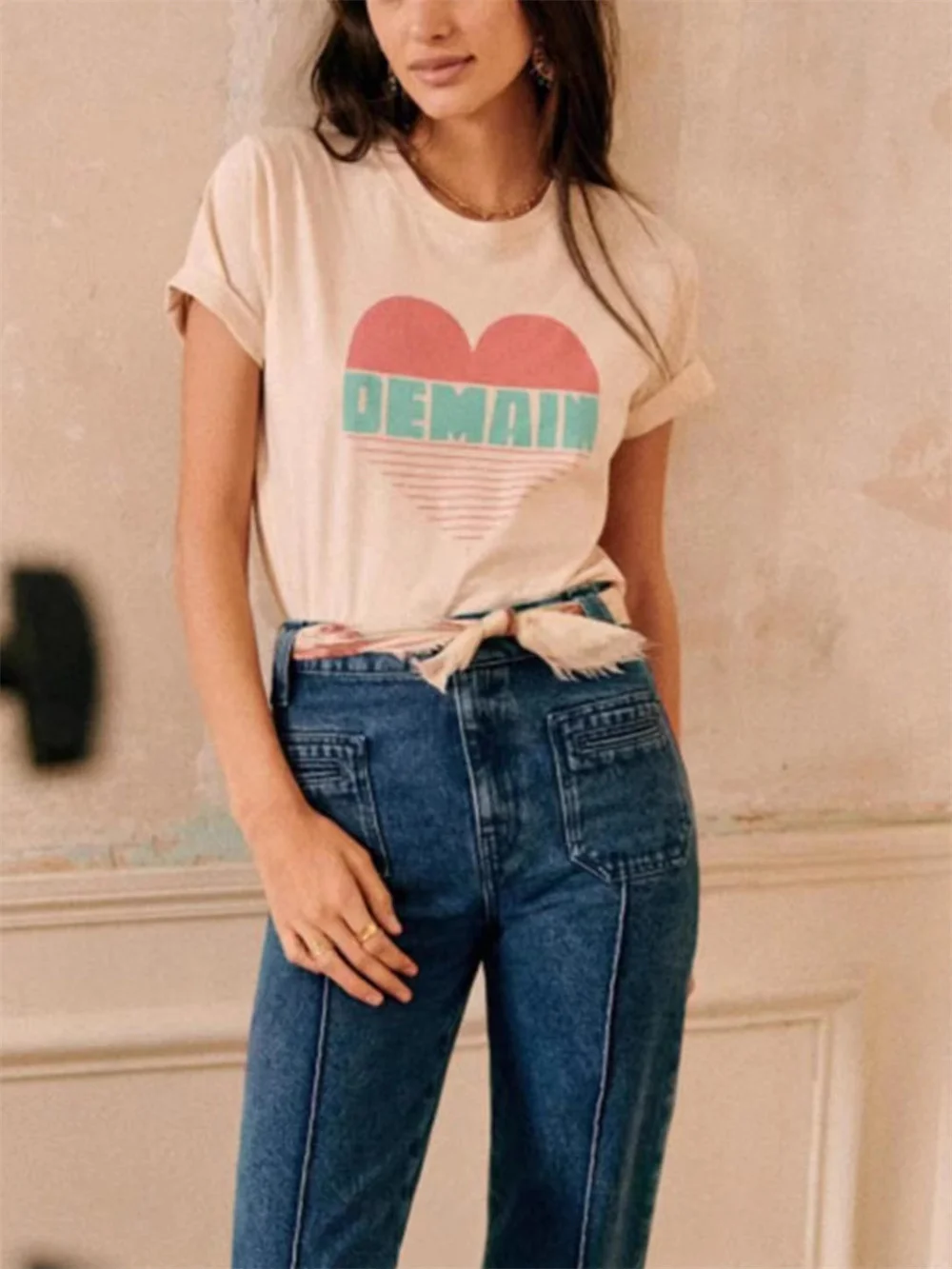 

2023 Summer New Ladies O-Neck Short Sleeve Pullover Tee Tops Women's Hearted French Letter Striped Printing T-Shirt All-Match