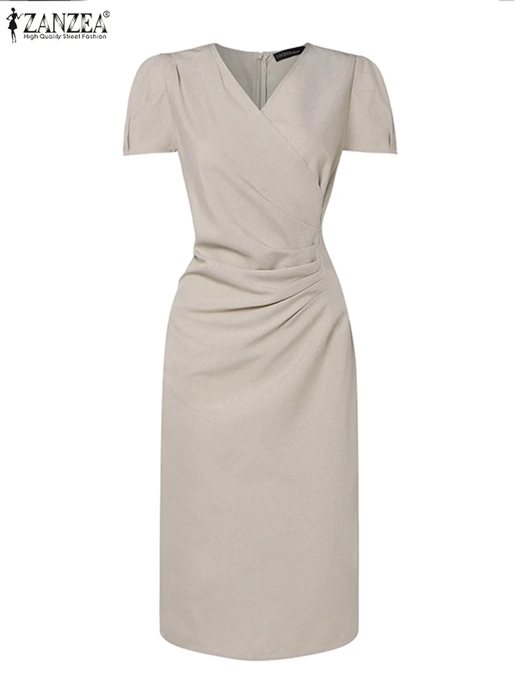 ZANZEA женский офисный сарафан летнее однотонное платье с короткими рукавами