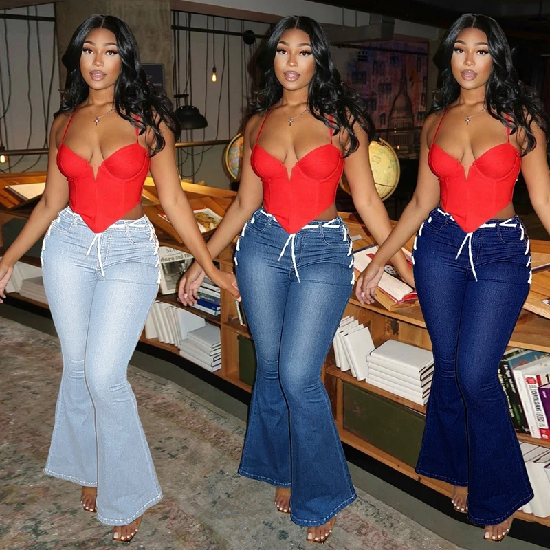 

Trendy Women Clothing Spring Lace-up High Waist Denim Flared Pants Sexy Club Outfits Y2k Clothes Streetwear Wholesale Items