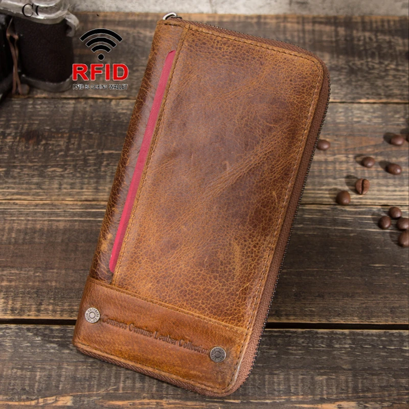 

Men's Wallet Retro Phone Money Bags Crazy Horse Genuine Leather RFID Anti-theft Brush Long Credit Card Holder Zipper Coin Purses