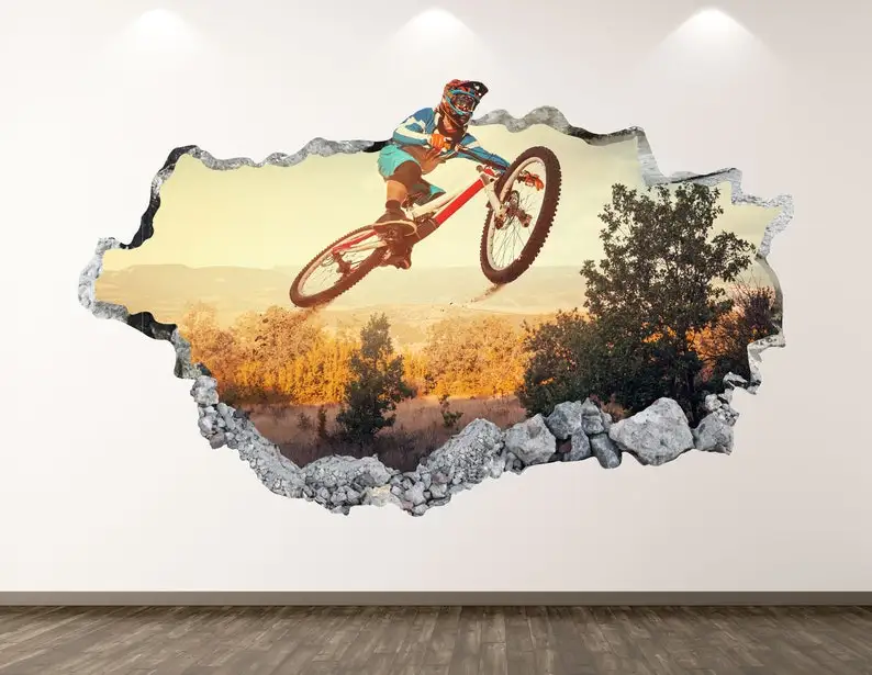 

Bike Cross Wall Decal - Jumping 3D Smashed Wall Art Sticker Kids Room Decor Vinyl Home Poster Custom Gift KD209