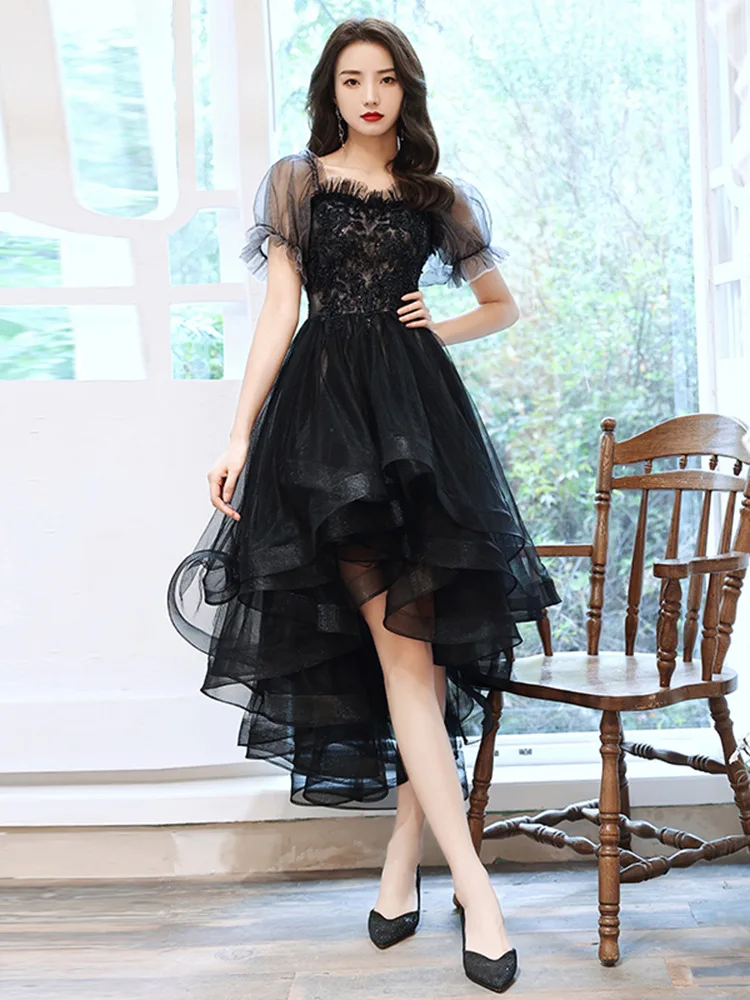 

Banquet Evening Dresses Temperament Black Spaghetti Strap Backless Party Gowns Fashion Appliques Cocktail Party Gowns