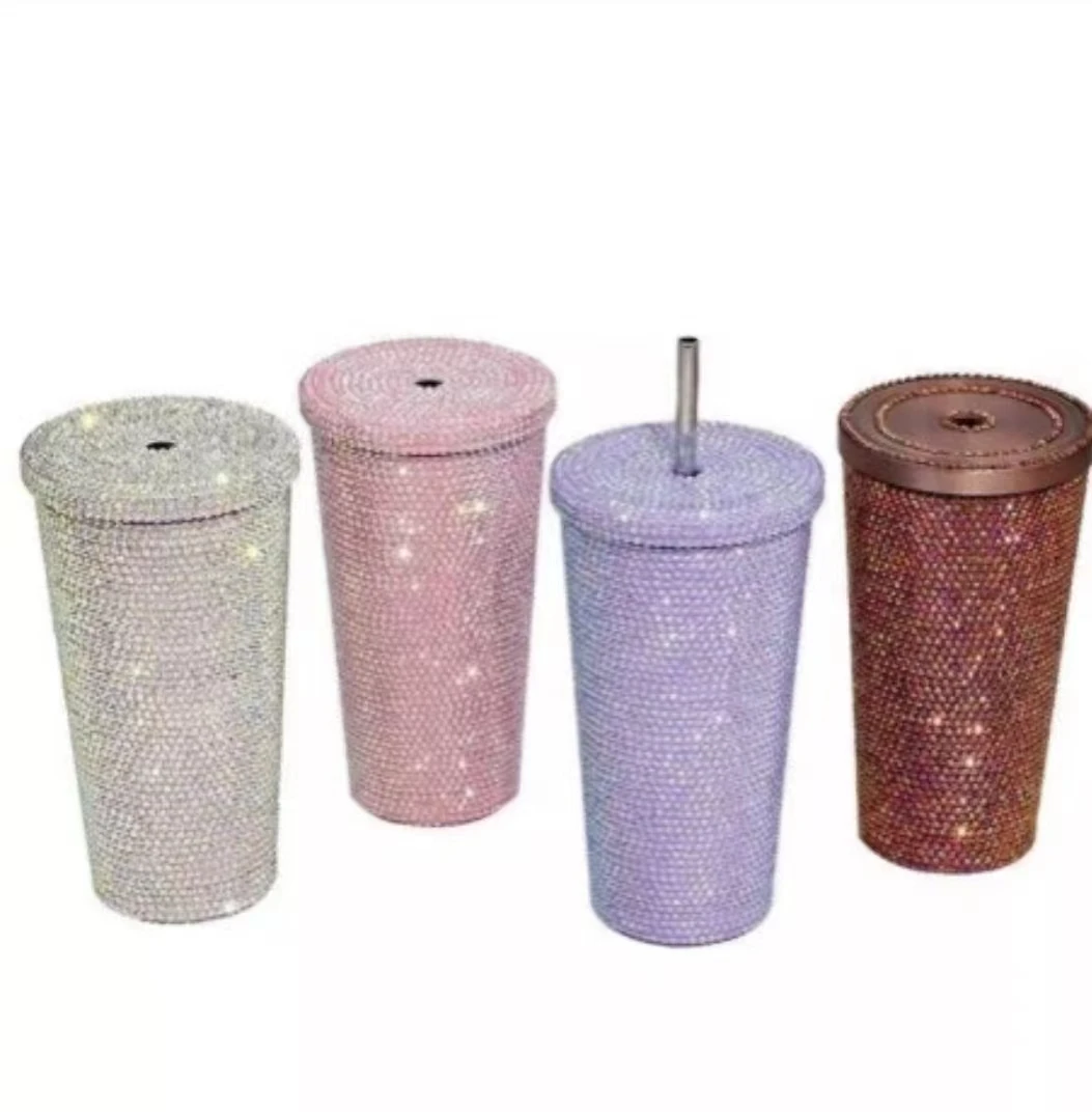 

450ml double layer full drill handmade custom coffee cup portable straw cup juice cup water cup can be DIY double layer plastic