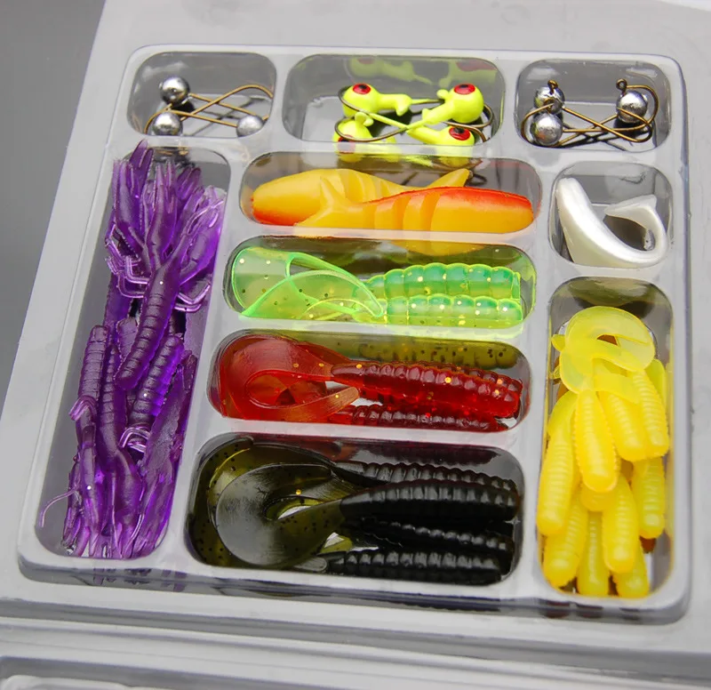 

35pcs Soft Worm Bait Lure +10pcs Lead Jig Head Hooks Combination Set Simulation Suite Soft Bait Various shapes of fishing bait