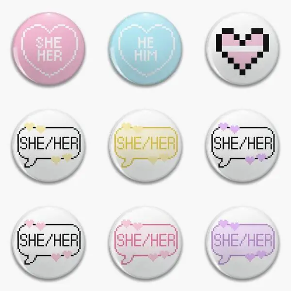 

She Her Pronouns Pixel Heart He Him Soft Button Pin Customizable Jewelry Badge Decor Hat Clothes Lover Cartoon Cute Brooch