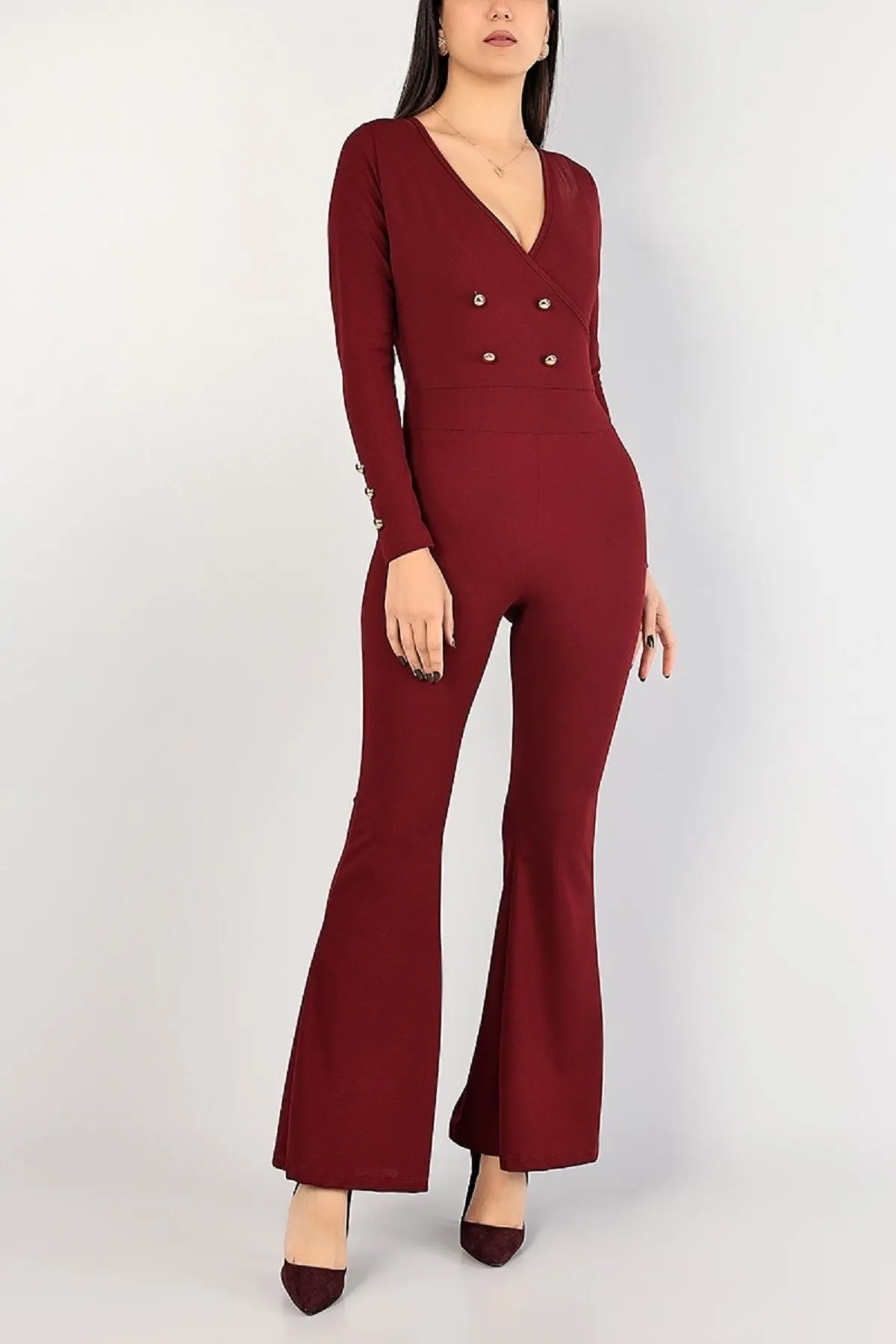 

Women's Overalls Claret Red Spanish Trousers Double Breasted Collar Jumpsuit New Style Jumpsuit