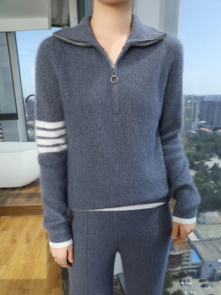 100% чистый норковый кашемировый свитер на молнии женский вязаный пуловер с