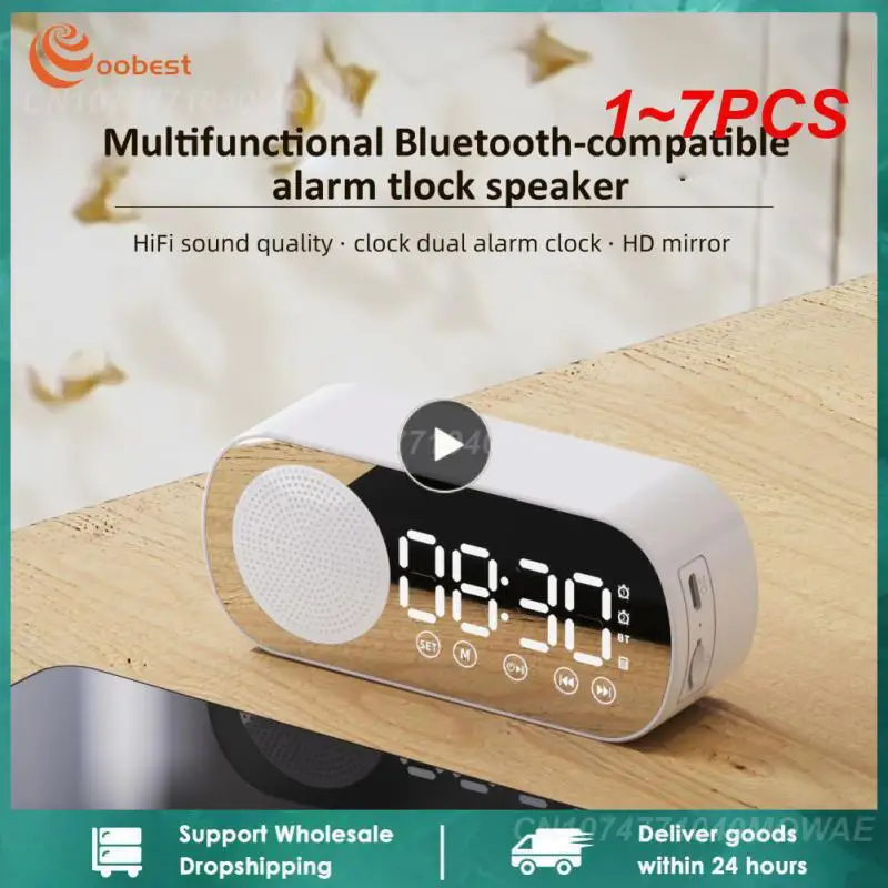 1~7PCS Quiet Wireless Speaker LED Mirror Digital Alarm Clock Radio FM Large Display Battery Bedroom Room Office Gift