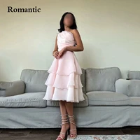 romantic rose pink simple evening dress tiered a line one shoulder sleeveless short prom gowns robes de for teens gradution 2022