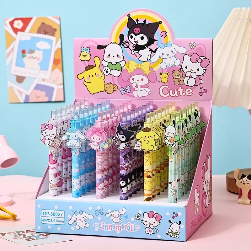 samoprzylepne długopisy żelowe Sanrio 36/48 sztuk Kawaii Hello Kitty Cinnamoroll akrylowa łatka naciśnij długopis szkolne dla dzieci artykuły