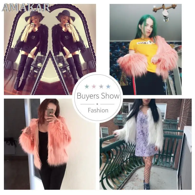 Fashion Furry Faux Fur Coat Women Fluffy Warm Long Sleeve Female Outerwear Autumn Winter Coat Jacket Hairy Collarless Overcoat