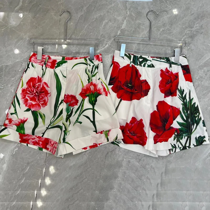 100% Cotton Summer Women Shorts Fashion Elegant Flower Printing High Street Beach Holiday Bastics