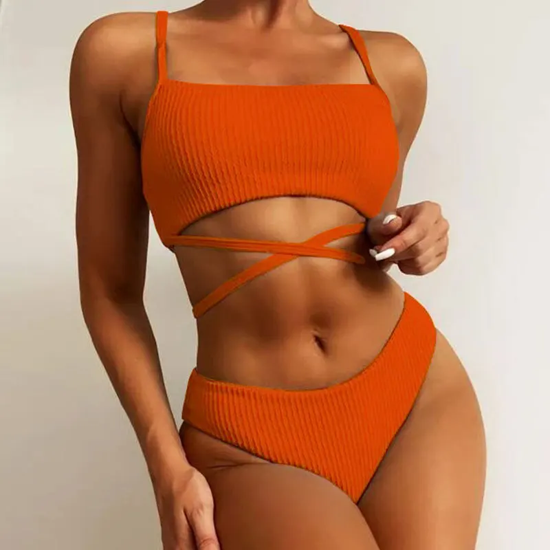 Sexy Cross Strappy Solid Swimsuit Women Two-pieces Push Up Padded Bra Thongs Set Vertical Striped Beachwear For Ladies