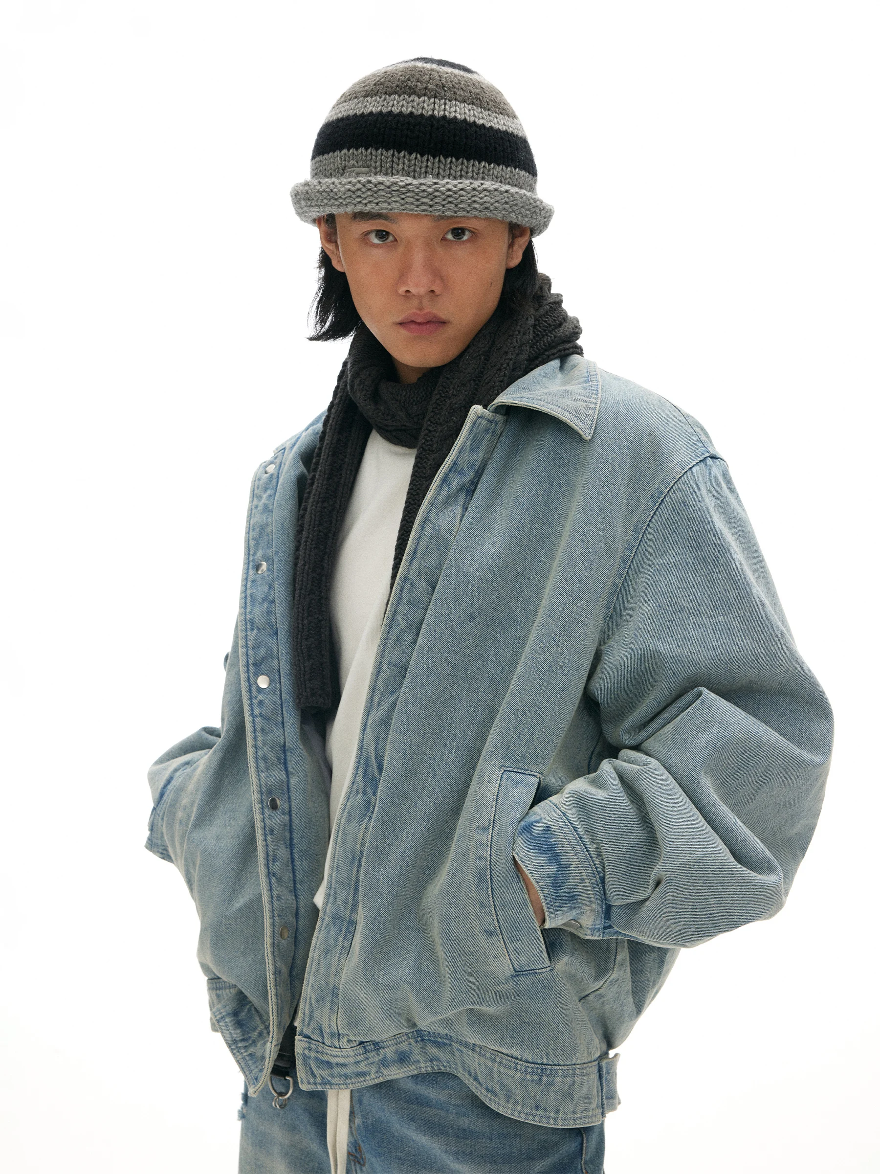 Chemical Stripe Brim Knitted Hat C4_blk/Gry/Crm_beanie