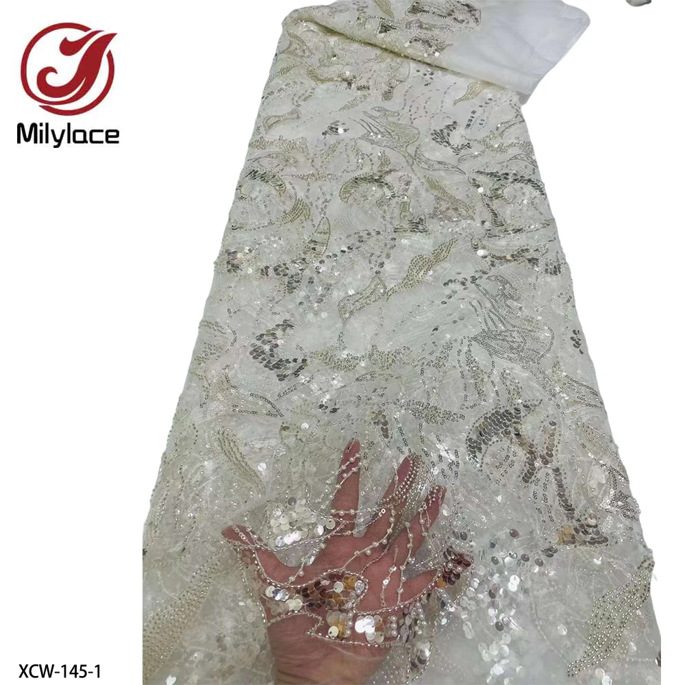 

Роскошные кружевные ткани ручной работы с бисером, французская Свадебная кружевная ткань, качественная вышитая блестками Тюлевая кружевная ткань для вечеринки