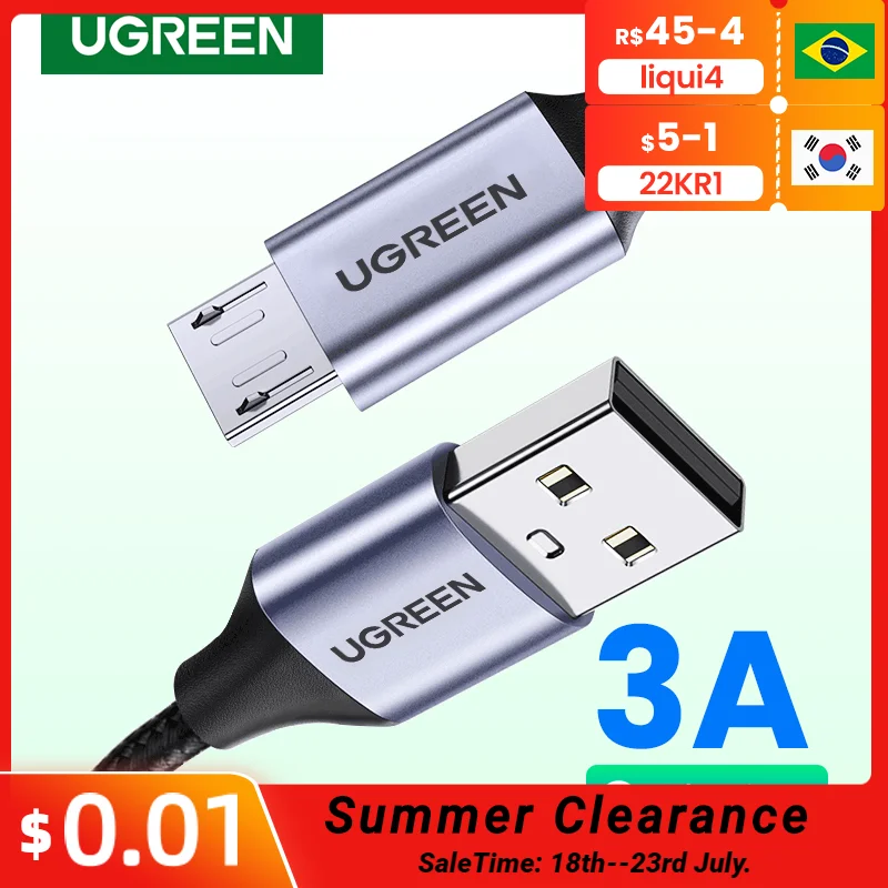 Ugreen Micro USB Cable 3A Nylon Fast Charging USB Type C Cable for Samsung Xiaomi HTC USB Charger Data Cable Mobile Phone Cable