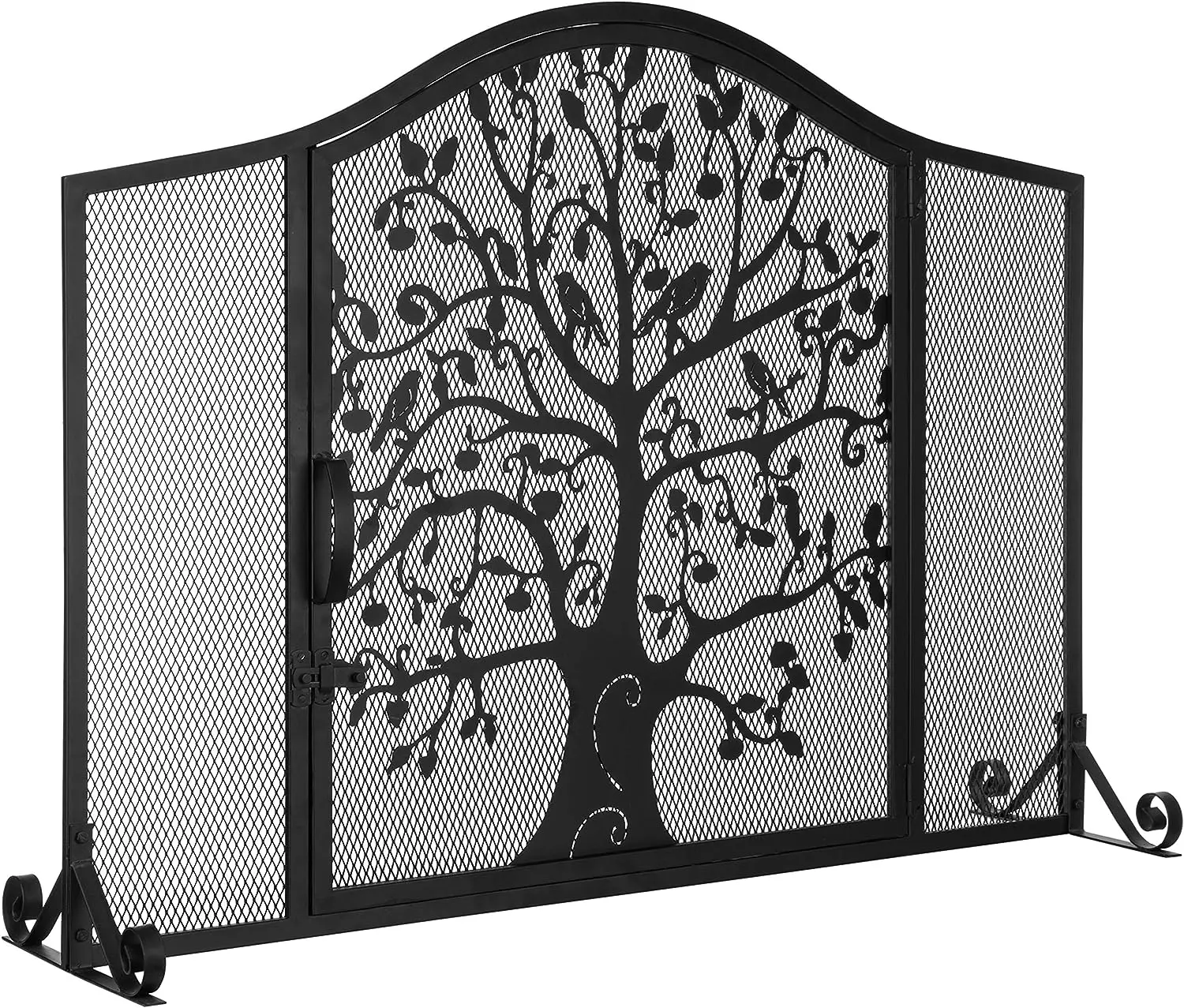 

Wrought Iron Fireplace Screen Door with Silhouette Tree & Bird Design