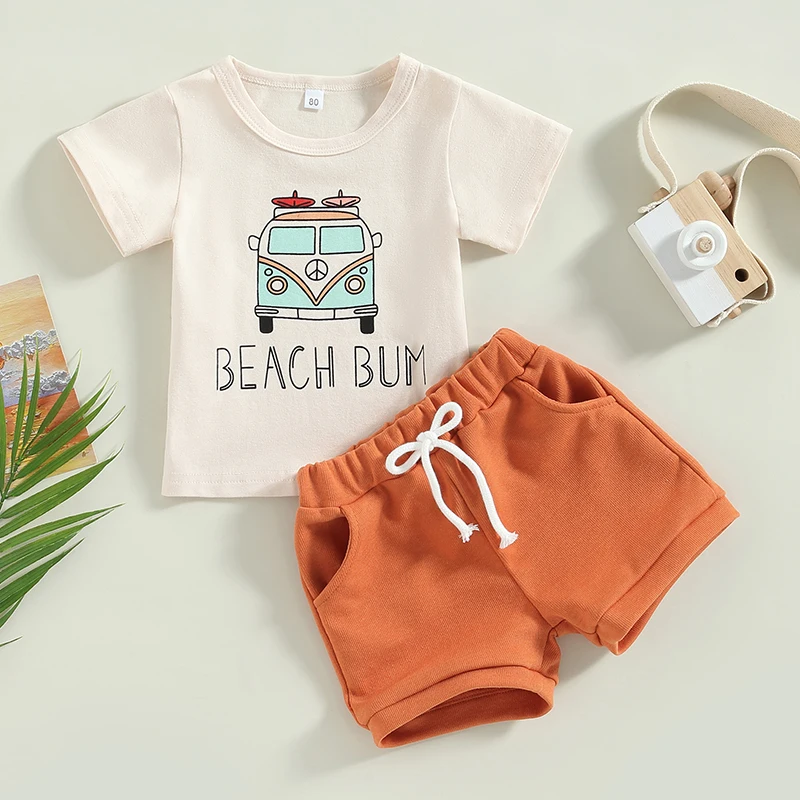 Fashion Summer Toddler Kids Newborn Baby Boys Clothes Sets Car Letter Print Short Sleeve T-shirts+Drawstring Shorts Tracksuits
