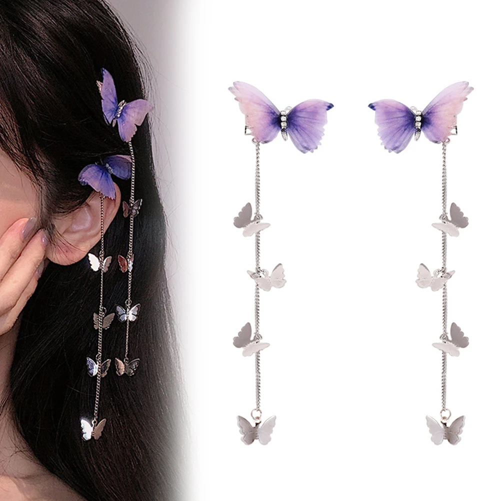 

2Pcs Butterfly Hairpins Yarn Elegant Metal Tassel Long Hair Clips For Women Hanfu Antique Party Hair Accessories