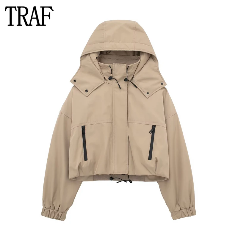 

TRAF 2023 Hooded Cropped Jackets for Women Camel Zip Oversize Jacket Woman Long Sleeve Pleated Jacket Women Streetwear Outerwear