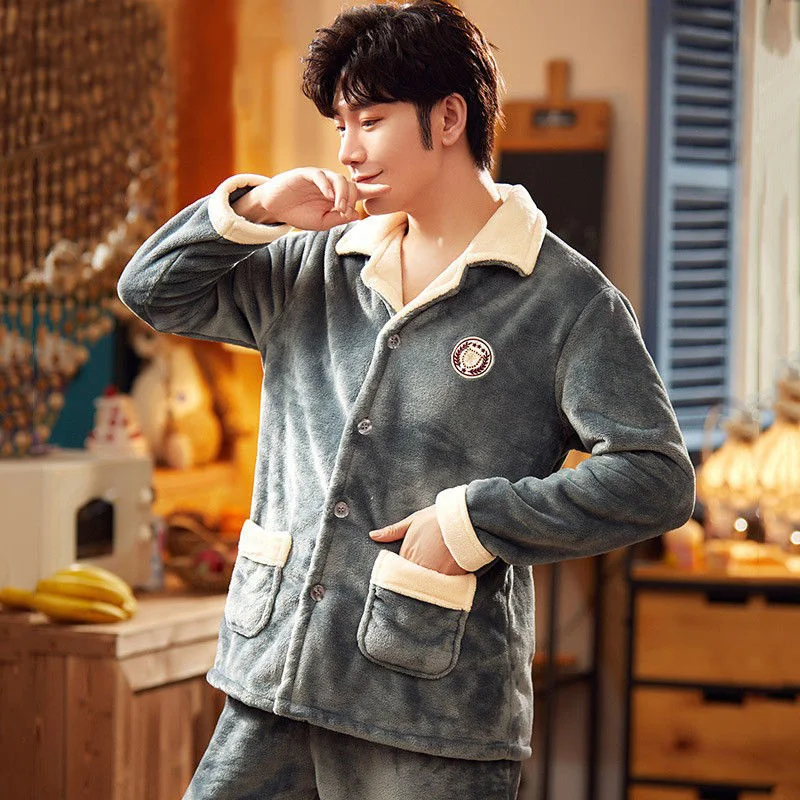 Warm Solid Color Pajamas Set Man Sleepwear For Men Soft Comfortable Pyjama Men's Flannel Fashion Homewear Plus Size