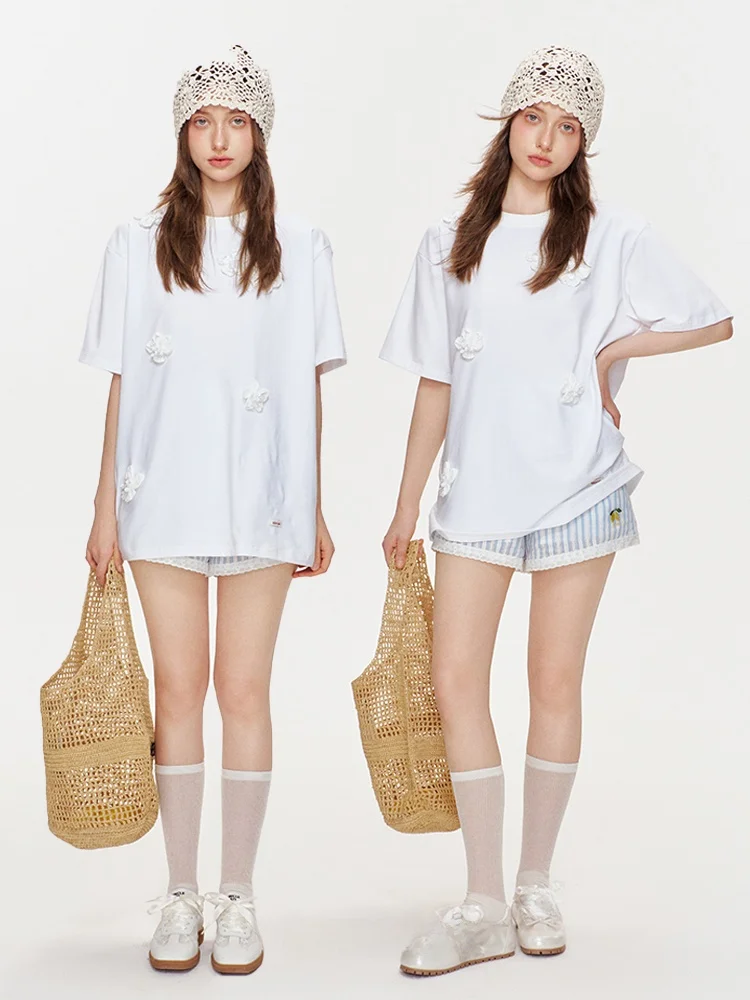 Kroche 24ss Romantic Encounter Three-Dimensional Beaded Flower round Neck Loose Short sleeve T-shirt