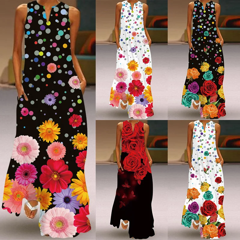 

2022 Independent Stand Eaby Sleeveless V-neck Rose Butterfly Print Maxi Dress European and American plus Size Women's Clothes