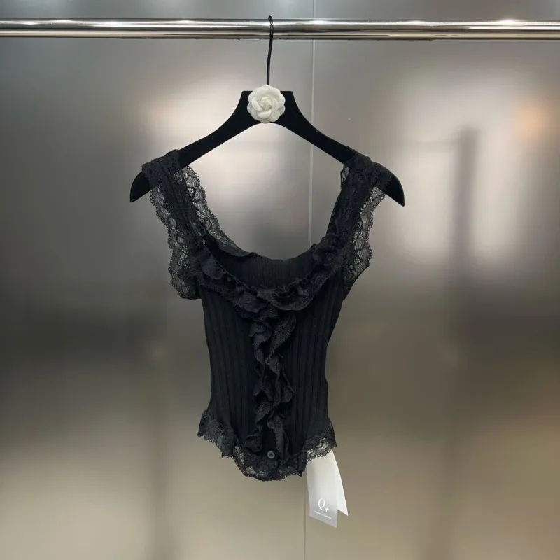 

PREPOMP 2023 Autumn New Collection Sleeveless Square Collar Lace Patchwork Slim Waist Knitting Tank Top Women Vest GL288