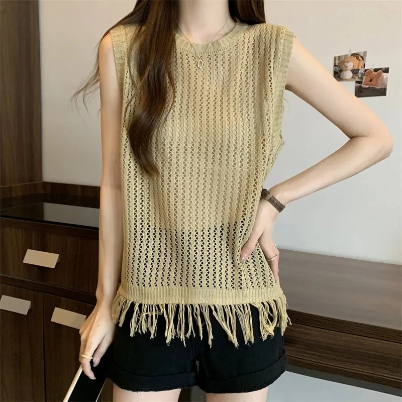 

Yasuk Summer Fashion Stripes Casual Pullover Tess Sleeveless Vest Undershirt Tassel Women's Loose Knitted Top Gentle