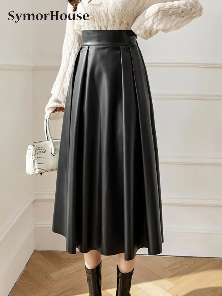 

2023 Autumn Winter Black Leather PU Pleated Skirt Women Fashion Elegant Elastic High Waist Office Lady A-Line Midi Skirts Female