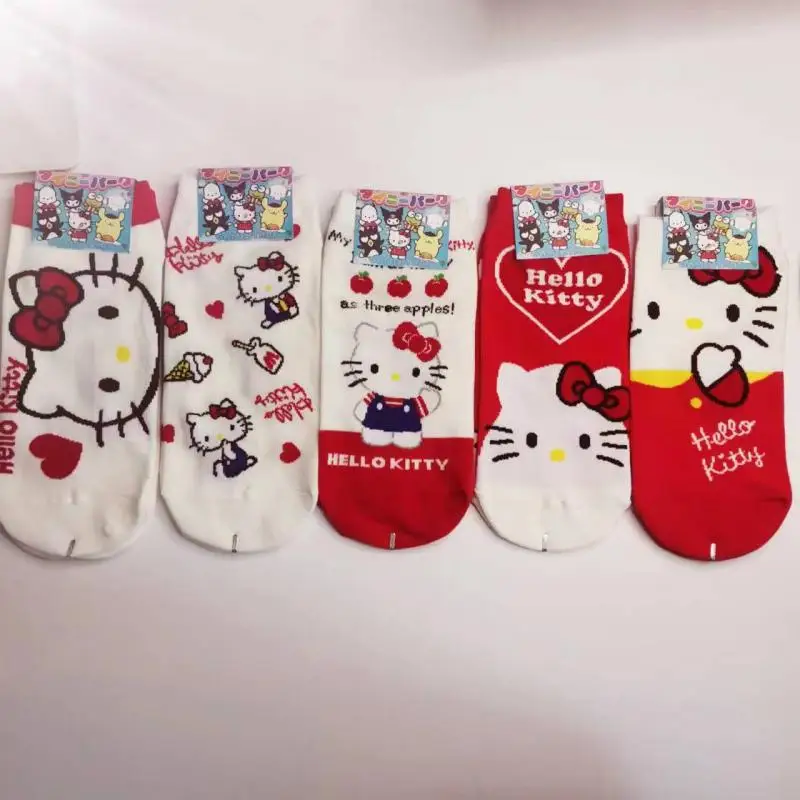 

5Pcs Set Kawaii Hello Kitty Kuromi Cinnamoroll Women Socks Sanrios My Melody Pompompurin Hankyodon Girl Jk Soft Cotton Stockings