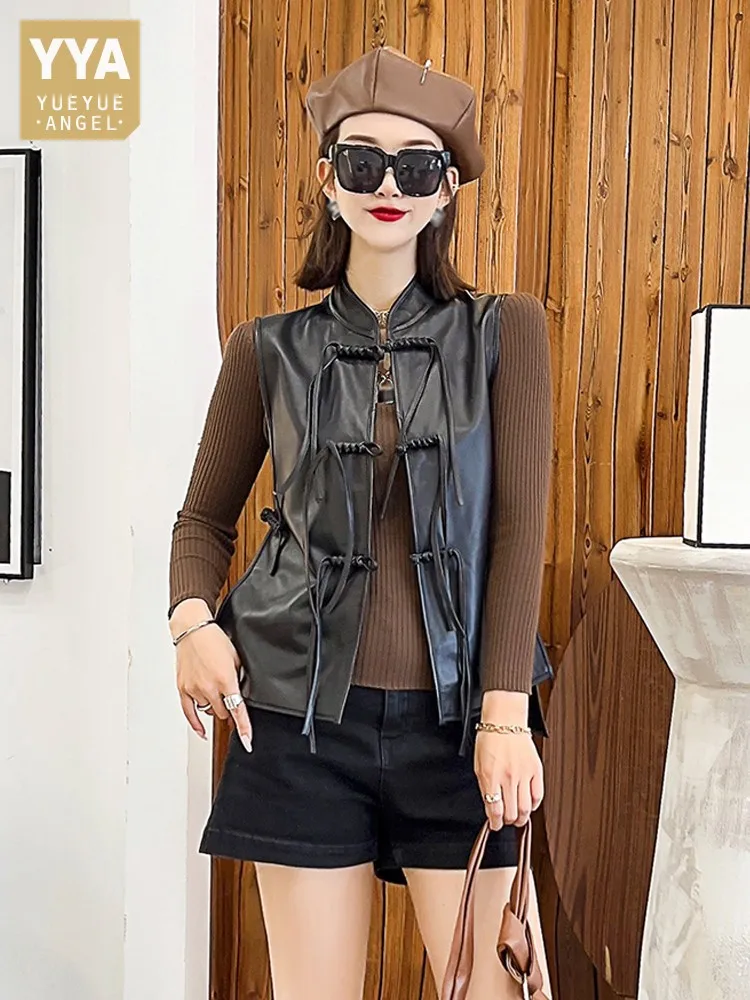 

Винтажная Женская однобортная безрукавка из овечьей кожи с боковыми пуговицами